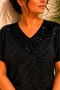 Women's Black Plus Size Patterned V-Neck Sequin Detail Side Slit Short Sleeve Stretchy Viscose Blouse - 2