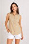 Women's Beige Zero Sleeve Buttoned Shirt Blouse Summer Stylish Design