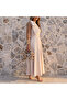 Beige Women's Bowknot Crew Neck Pleated Dress with Pockets and Zero Sleeves - 3