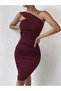 Women's Asymmetrical Stripe Detailed Shirred Short Diver Dress with Open Shoulders - 2