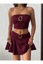 Women's Burgundy Gold Buckle Detailed Bustier and Shorts Skirt Set - 2