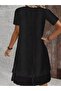 Women's Elegance V-Neck Short Sleeve Midi Black Crinkle Dress - 3
