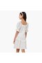Square Neck Short Sleeves Knee Length A-line Dress with Floral Embroidery - 3