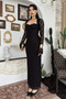 Lace Detailed Long Evening Dress Square Neck Long Sleeve Bodycon Dress for Events and Special Occasions - 4