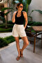 Beige Pleated High Waist 100% Cotton Linen Shorts - 3