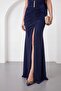 Women's Navy Blue Strapless Collar Accessory Detail Long Evening Dress - 4