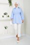 Women's Striped Balloon Sleeve Gathered B.Blue Hijab Shirt - 2