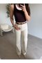 Beige coffee leather belted straight jeans - 2