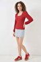 Women's Round Neck Embossed Fabric Red Blouse - 5