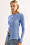 Gold Buttoned Slit Blouse Blue - 5