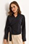 Women's Double-Breasted Collar Black Shirt with Side Belt - 2