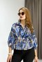 Women's Satin Elastic Waist Long Sleeve Shirt Navy Blue