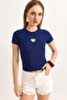 Heart Detailed Ribbed Knitted Blouse Navy Blue - 2