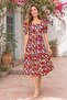 Women's Red Midi Length Floral Patterned Square Collar Summer Viscose Dress Nbelb12 - 2