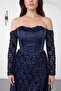 Women's Navy Blue Long Sleeve Underwire Long Satin Tail Evening Dress - 3