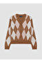Brown Diamond Patterned Girls' Knitwear Cardigan