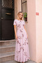 Women's Short Sleeve Sakura Patterned Maxi Length Crepe Pink Dress
