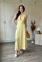 Halter Neck, Low-Cut, Slit Midi Yellow Dress - 3