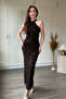 Neck Tie Jacquard Tulle Midi Brown Dress