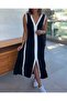 Women's Strappy V-Neck Double Color Striped Front Slit Summer Casual Long Viscose Dress - 2