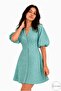 Women's Green Scalloped V-Neck Summer Mini 100% Cotton Balloon Sleeve Buttoned Dress - 4