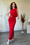 Shoulder Draped Slit Midi Red Dress with Gold Accessories - 2
