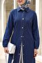 Buttoned Denim Cap with Elastic Sleeves - Dark Blue - 4