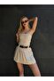 Women's Beige Strapless Mini Dress with Lining Shorts Yel0149