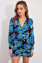 Women's Cobalt Blue V-Neck Patterned and Draped Mini Dress Nj173 - 2