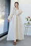 Premium Collar Gathered Balloon Sleeve Voile Dress - Ecru - 6