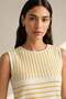 Mustard Crew Neck 100% Cotton Women's Sleeveless Striped Knitwear Blouse - 3