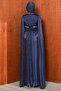 Navy Blue Stone Embroidered Corseted Pleated Evening Dress - 5