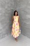 Women's Yellow Floral Print Sleeveless Midi Length Flared Dress with Belt Nbk4645