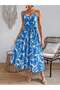 Women's Rope Strap V-Neck Long Patterned Single Jersey Dress with Belt at the Waist - 3