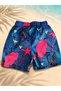 Boys' Navy Blue Fuchsia Tropical Patterned Swim Shorts Elastic Lace-Up Swim Shorts - 4