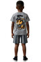 Boy's T-Shirt with Capybara Written on the Front and Back, Patterned Shorts with Elastic Waistband, Striped Pattern, Gray Color Set. - 2