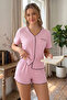 Pink Short Sleeve V-Neck Pajama Set with Piping Detail - 2