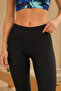 Women's Black Tropical Leaf Patterned High Waist Gathering Tights with Stripe Detail - 4