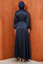 Navy Blue Belted Patterned Satin Evening Dress - 5