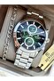 Functions Active, Silver Steel Cord in Stylish Box, Green Dial, Men's Wristwatch with Calendar + Chain Bracelet