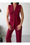 Women's Premium Wide Collar Vest and Trousers Set-Burgundy - 5