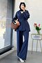 Premium V-Neck Side Buttoned Linen Trouser Suit - Navy Blue