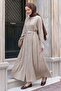 Belted Buttoned Light Beige Ferace Dress - 3