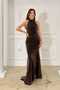 Stoned Jacquard Fabric Halter Neck Evening Dress - Brown - 2