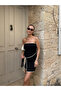 Black and White Strapless Mini Dress with Tie Detail - 3