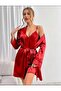 Lace Embroidered Thin Strap Red Satin 2-Piece Nightgown Dressing Gown Set