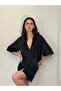 Satin Look Retro Model Loose Short Sleeve Shirt for Women Shiny Black - 2