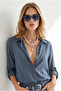 Women's Petrol Blue Sleeve-Fold Linen Shirt Gml-19000825 - 4