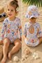 New Season Colorful Floral Patterned, Backless Ruffled, Long Sleeve, Hat-Top Girl's Swimsuit - 3