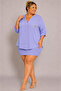 Large Size V-Neck Buttoned Stone Embroidered Capri Sleeve Pocket Thin Women's Shirt